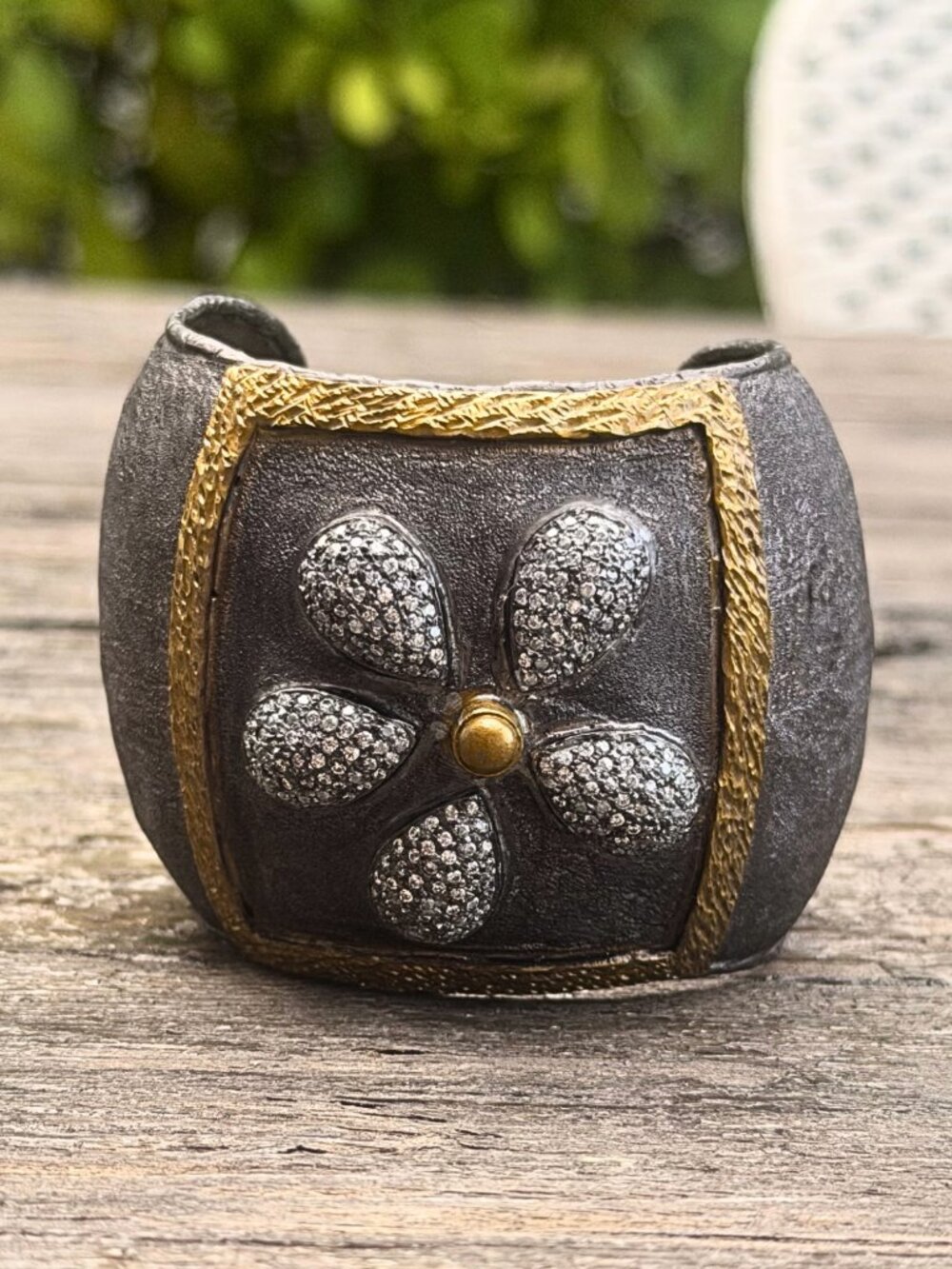 Rhinestone Gunmetal Flower Cuff Bracelet Chunky Statement Bangle Hammered Metal